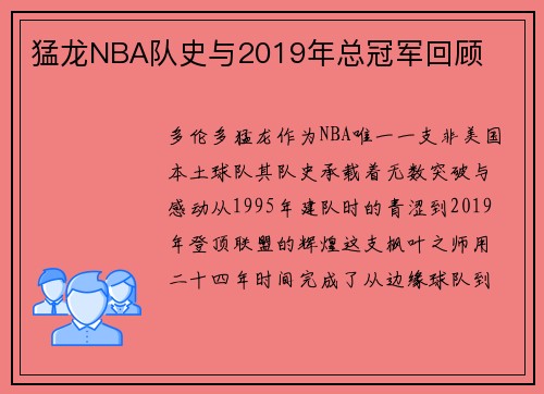 猛龙NBA队史与2019年总冠军回顾
